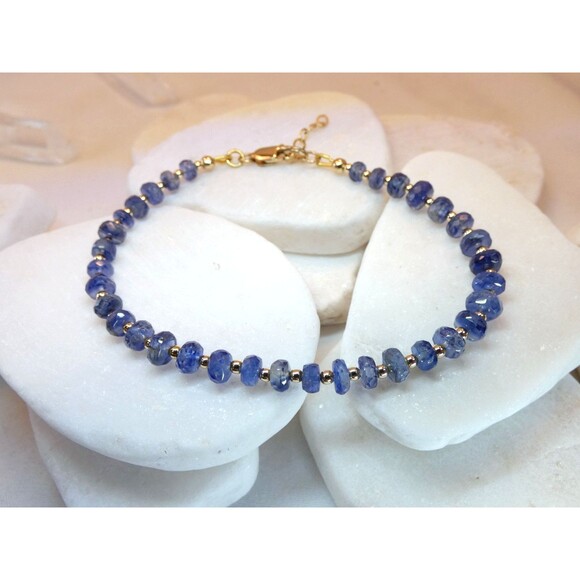 Natural Blue Kyanite Gold Fill Beaded Bracelet New 7"+ - Picture 1 of 4